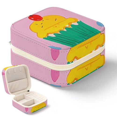 NQHJT Schmuckschatulle mit Cupcake-Muster, für Damen, PU-Leder, kleiner Schmuck-Organizer, tragbare Präsentation, Schmuck-Aufbewahrungsbox für Ringe, Ohrringe, Halsketten, Mini-Schmuckkoffer von NQHJT