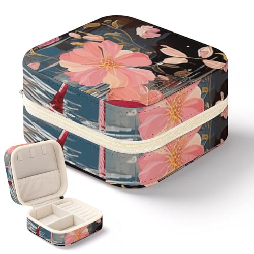 NQHJT Schmuckschatulle mit Flamingos und Blumen für Damen, PU-Leder, kleiner Schmuck-Organizer, tragbare Präsentation, Schmuck-Aufbewahrungsbox für Ringe, Ohrringe, Halsketten, Mini-Schmucketui von NQHJT