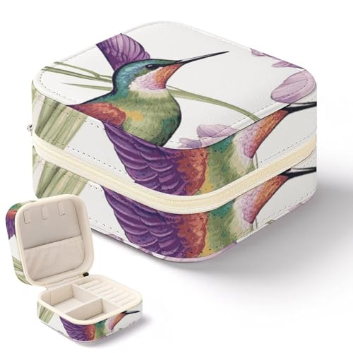 NQHJT Schmuckschatulle mit Kolibris, Schwertlilien, Blumen, für Damen, PU-Leder, kleiner Schmuck-Organizer, tragbare Präsentation, Schmuck-Aufbewahrungsbox für Ringe, Ohrringe, Halsketten, von NQHJT