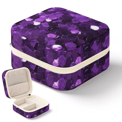 NQHJT Schöne violette Glitzer-Schmuckschatulle für Damen, PU-Leder, kleiner Schmuck-Organizer, tragbare Präsentation, Schmuck-Aufbewahrungsbox für Ringe, Ohrringe, Halsketten, Mini-Schmuckkoffer von NQHJT