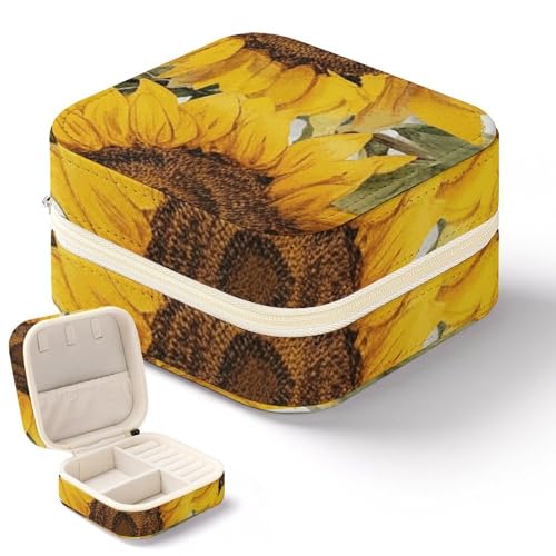 NQHJT Verführerische Sonnenblumen-Schmuckschatulle für Damen, PU-Leder, kleiner Schmuck-Organizer, tragbare Präsentation, Schmuck-Aufbewahrungsbox für Ringe, Ohrringe, Halsketten, Mini-Schmuckkästchen von NQHJT