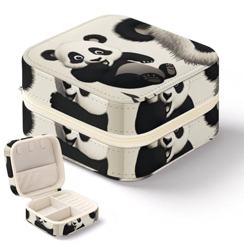 NQHJT Verspielte Panda-Schmuckschatulle für Damen, PU-Leder, kleiner Schmuck-Organizer, tragbare Präsentation, Schmuck-Aufbewahrungsbox für Ringe, Ohrringe, Halsketten, Mini-Schmuckkoffer von NQHJT