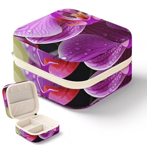 NQHJT Violette Orchideen-Schmuckschatulle für Damen, PU-Leder, kleiner Schmuck-Organizer, tragbare Präsentation, Schmuck-Aufbewahrungsbox für Ringe, Ohrringe, Halsketten, Mini-Schmuckkoffer von NQHJT