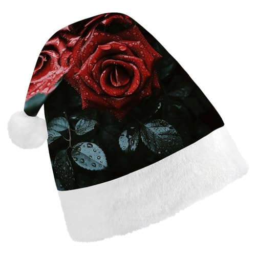 NQHJT Weihnachtsmütze, rote und schwarze Rose, Weihnachtsmannmütze für Erwachsene, Samt, klassische Weihnachtsmütze für Weihnachten, Neujahr, Party, Kopfbedeckung von NQHJT