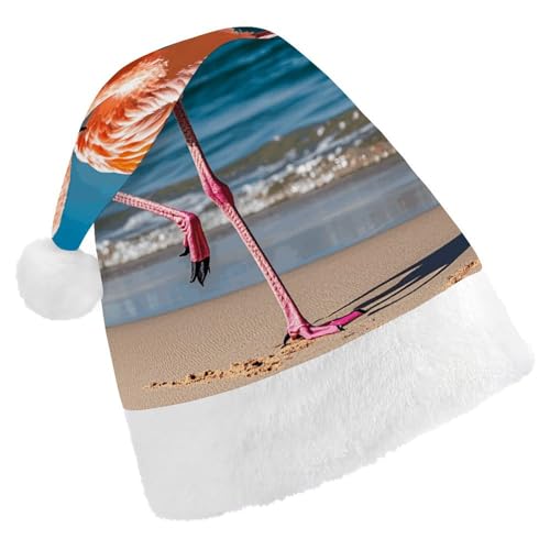 NQHJT Weihnachtsmütze mit Flamingo am Strand, Weihnachtsmannmütze für Erwachsene, Samt, klassische Weihnachtsmütze für Weihnachten, Neujahr, Party, Kopfbedeckung von NQHJT