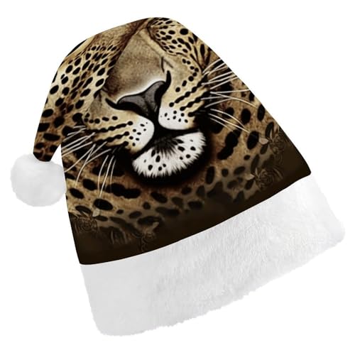 NQHJT Weihnachtsmütze mit Leopardenkopf-Motiv, für Erwachsene, Samt, klassische Weihnachtsmütze für Weihnachten, Neujahr, Party, Kopfbedeckung von NQHJT