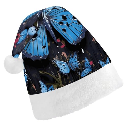 NQHJT Weihnachtsmütze mit blauem Schmetterling, für Erwachsene, Samt, klassische Weihnachtsmütze für Weihnachten, Neujahr, Party, Kopfbedeckung von NQHJT