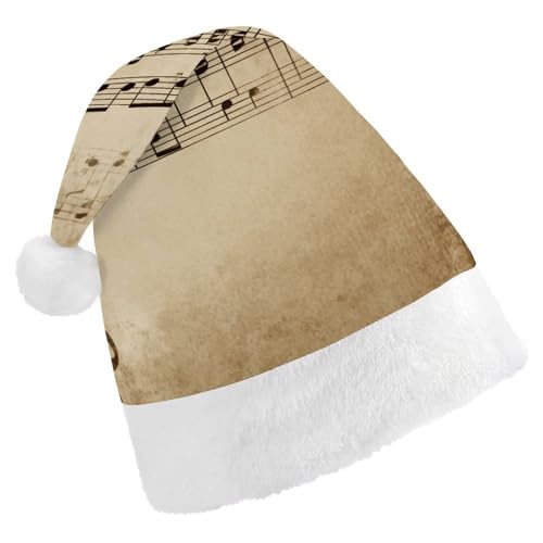 Weihnachtsmütze mit Musiknoten auf altem Papier, Weihnachtsmannmütze für Erwachsene, Samt, klassische Weihnachtsmütze für Weihnachten, Neujahr, Party, Kopfbedeckung von NQHJT