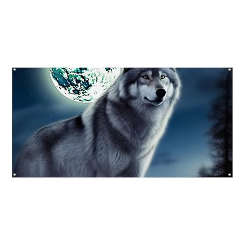 Große Banner, personalisiertes Banner, Wolf, unter Mond, Partyschilder, Hof, blanko, Banner, 300D-Polyester, Banner, Schild, Geburtstagsbanner für Party-Dekoration, Hintergrundbanner von NQLYUT