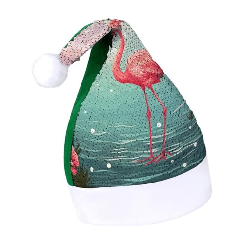 NQLYUT Weihnachtsmütze für Erwachsene, Plüschmütze, Flamingos, Pailletten, Weihnachtsmannmützen für Party von NQLYUT