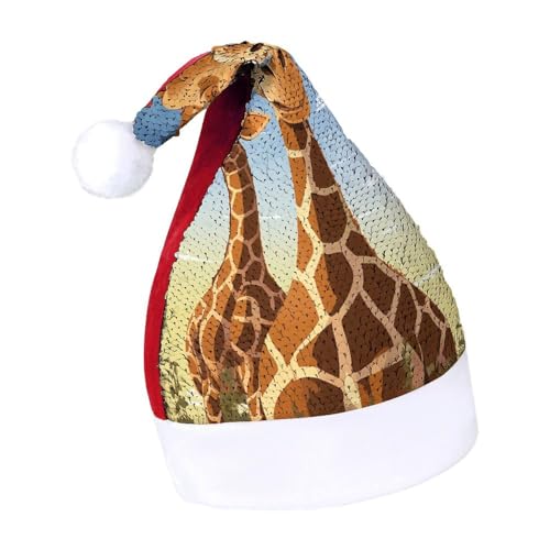 NQLYUT Weihnachtsmütze für Erwachsene, Plüschmütze, Giraffe, Pailletten, Weihnachtsmannmützen für Party von NQLYUT