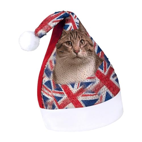 NQLYUT Weihnachtsmütze für Erwachsene, Plüschmütze, Katze, britische Flagge, Wimpelkette, Pailletten, Weihnachtsmannmützen für Party von NQLYUT