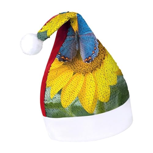 NQLYUT Weihnachtsmütze für Erwachsene, Plüschmütze, Sonnenblume, blauer Schmetterling, Pailletten, Weihnachtsmannmützen für Party von NQLYUT