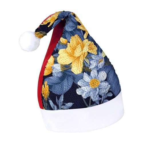 NQLYUT Weihnachtsmütze für Erwachsene, Plüschmütze, blaue Basis, gelbe Blumenpailletten, Weihnachtsmannmützen für Party von NQLYUT