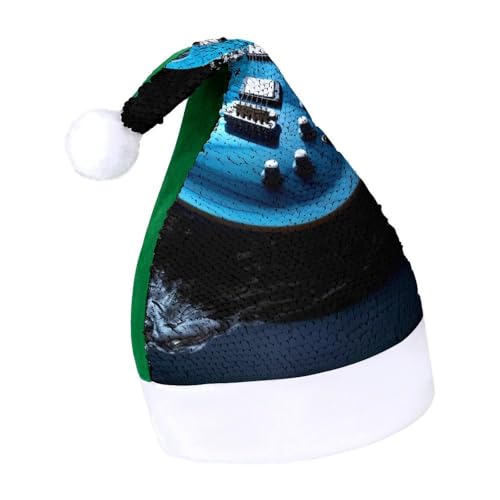 NQLYUT Weihnachtsmütze für Erwachsene, Plüschmütze, blaue Gitarre, Pailletten, Weihnachtsmannmützen für Party von NQLYUT