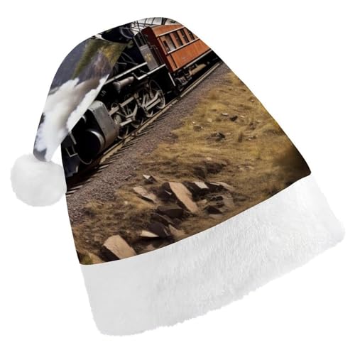 NQLYUT Weihnachtsmütze für Erwachsene, Weihnachtsmannmütze, Plüschmütze, Dampflokomotive, Zug, Nikolausmützen für Party, Urlaub von NQLYUT