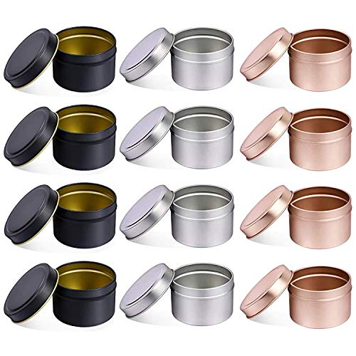 Kerze Behälter mit Deckel, 12 PCS 5 UNZEN Dekorative Runde Metall Kerze Dosen Groß, wiederverwendbare Kerze Gläser für DIY Kerze, Der, Kunst Handwerk Liefert (5OZ,4PCS Black+4PCS Silver+4PCS RoseGold) von NRANSON