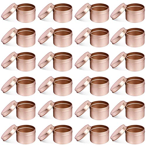 NRANSON Kerze Gläsern für Die Herstellung Kerzen, Kerze Machen Kits Umfassen 24 Pack 2 Unzen Metall Kerze Dosen Mit Deckel, 50 Baumwolle Dochte, 40 Docht Aufkleber, 4 Docht Halter (2OZ, Rose Gold) von NRANSON