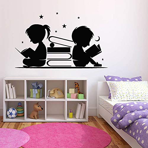 NSRJDSYT Junge Mädchen Bücher lesen Vinyl Wandtattoo Kinderzimmer Sterne Mond Aufkleber Schöne Kinderzimmer Schlafzimmer Wanddekoration Tapete 69x42cm von NSRJDSYT