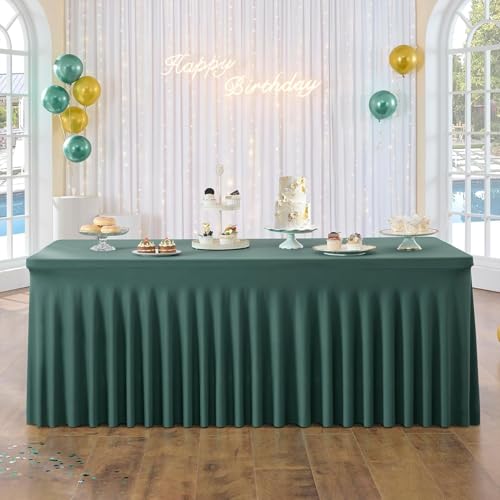 1-Pack Hunter Green Rechteckige Spandex Tischdecke 1,8m Mit Rock, Faltenfreie Stretch Fitted Tischtuch für 1.8m Rechteckig Tisch, Elastische Rüschen Tischröcke für Bankett Party Hochzeit Geburtstag von NSSONBEN