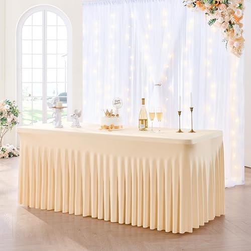 NSSONBEN 1-Pack Champagner Rechteckig Elastisch Tischdecke für 180cm Rechteck Tische, Faltenfreie Stretch Tischdecke mit Rock für Bankett Party Hochzeit Geburtstag Muttertag Tischdecken von NSSONBEN