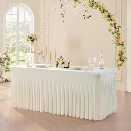 NSSONBEN 1-Pack Elfenbein Spandex Tischdecke für 120cm Rechteck Tische, Faltenfreie Stretch Tischdecke mit Rock für Bankett Party Hochzeit Geburtstag Meeting Display Dekoration Tischdecken von NSSONBEN