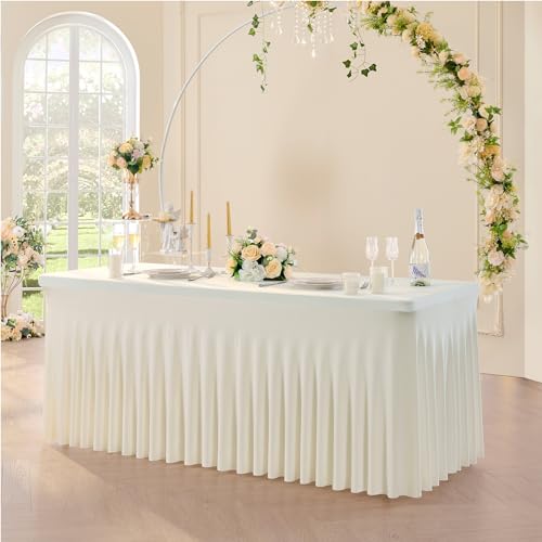 NSSONBEN 1-Pack Elfenbein Spandex Tischdecke für 180cm Rechteck Tische, Faltenfreie Stretch Tischdecke mit Rock für Bankett Party Hochzeit Geburtstag Meeting Display Dekoration Tischdecken von NSSONBEN