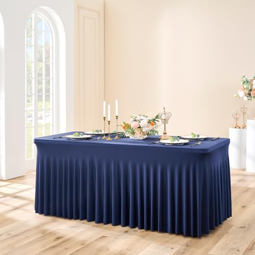 NSSONBEN 1-Pack Navy Blau Spandex Tischdecke für 180cm Rechteck Tische, Faltenfreie Stretch Tischdecke mit Rock für Bankett Party Hochzeit Geburtstag Meeting Display Dekoration Tischdecken von NSSONBEN