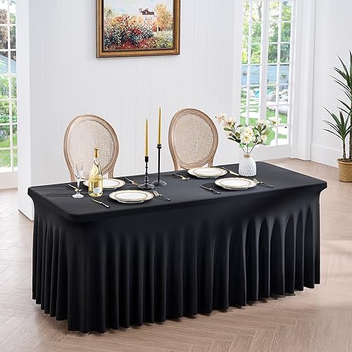 NSSONBEN 1-Pack Schwarze Spandex Tischdecke für 180cm Rechteck Tische, Faltenfreie Stretch Tischdecke mit Rock für Bankett Party Hochzeit Geburtstag Meeting Display Dekoration Tischdecken von NSSONBEN