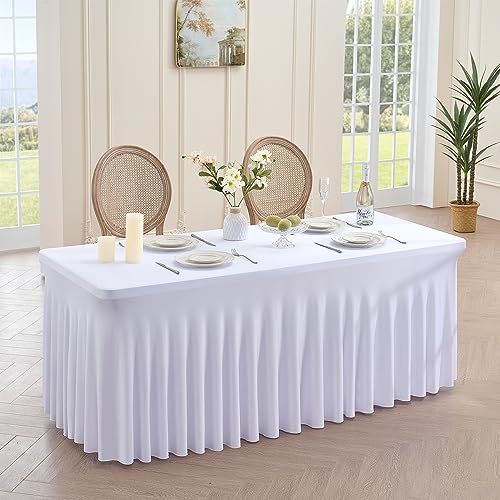 NSSONBEN 1-Pack Weiß Spandex Tischdecke für 180cm Rechteck Tische, Faltenfreie Stretch Tischdecke mit Rock für Bankett Party Hochzeit Geburtstag Meeting Display Dekoration Tischdecken von NSSONBEN