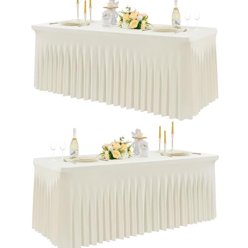 NSSONBEN 2-Pack Elfenbein Rechteckig Spandex Tischdecke für 120cm Rechteck Tische, Faltenfreie Stretch Tischdecke mit Rock für Bankett Party Hochzeit Geburtstag Meeting Display Tischdecken von NSSONBEN