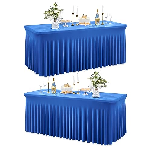 NSSONBEN 2-Pack Royal Blau Spandex Tischdecke für 180cm Rechteck Tische, Faltenfreie Stretch Tischdecke mit Rock für Bankett Party Hochzeit Geburtstag Meeting Display Dekoration Tischdecken von NSSONBEN