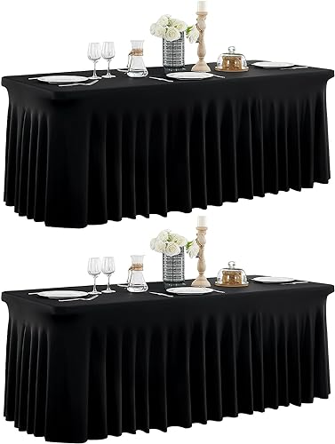 NSSONBEN 2-Pack Schwarze Spandex Tischdecke für 180cm Rechteck Tische, Faltenfreie Stretch Tischdecke mit Rock für Bankett Party Hochzeit Geburtstag Meeting Display Dekoration Tischdecken von NSSONBEN