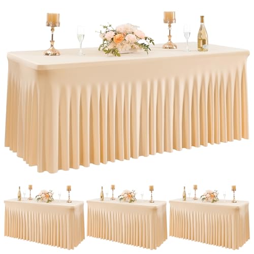 NSSONBEN 4-Pack Champagner Rechteckig Elastische Tischdecke für 180cm Rechteck Tische, Faltenfreie Stretch Tischdecke mit Rock für Bankett Party Hochzeit Geburtstag Muttertag Tischdecken von NSSONBEN