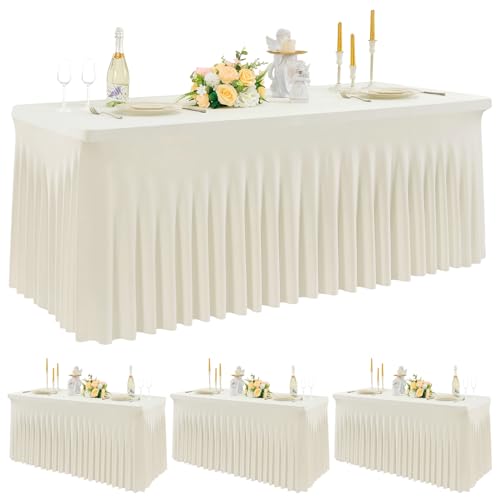 NSSONBEN 4-Pack Elfenbein Rechteckig Spandex Tischdecke für 180cm Rechteck Tische, Faltenfreie Stretch Tischdecke mit Rock für Bankett Party Hochzeit Geburtstag Meeting Muttertag Tischdecken von NSSONBEN