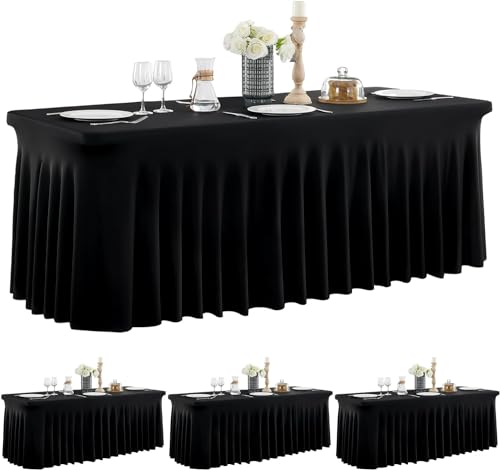 NSSONBEN 4-Pack Schwarze Spandex Tischdecke für 180cm Rechteck Tische, Faltenfreie Stretch Tischdecke mit Rock für Bankett Party Hochzeit Geburtstag Meeting Display Dekoration Tischdecken von NSSONBEN