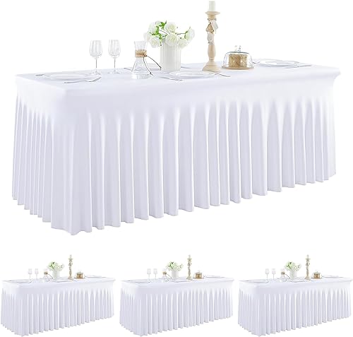 NSSONBEN 4-Pack Weiß Spandex Tischdecke für 180cm Rechteck Tische, Faltenfreie Stretch Tischdecke mit Rock für Bankett Party Hochzeit Geburtstag Meeting Display Dekoration Tischdecken von NSSONBEN