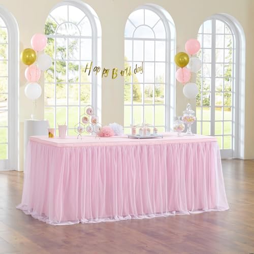 NSSONBEN Baby Rosa Tüll Tischrock Baby Kuchen Dessert Tische, 2-Lagen Rüschen Rosa Tüll Tutu Tuch Tischröcke Tischdeke für Geburtstagspartys Hochzeit Baby Dusche(L183×H76cm, Keine Tischdeckel) von NSSONBEN