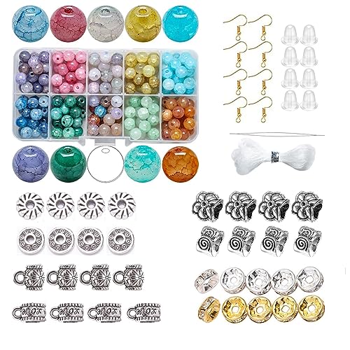 240 Stück Perlen zum Auffädeln Crackle Steinperlen ⌀ 8mm Rund Glasperlen zum Basteln, Bunte Edelsteinperlen Kit Mit Perlendraht und Zubehör für Armbänder Halsketten,12 Sortierte (Stil A,8mm) von NSXIN