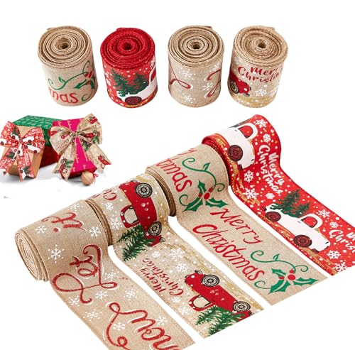 4 Stück Geschenkband Weihnachtsband, Vintage Juteband Breit Weihnachtsbänder Deko, Schleifenband Weihnachten Geschenkband zum Geschenkpackung für Weihnachten Geschenk (Satz A) von NSXIN