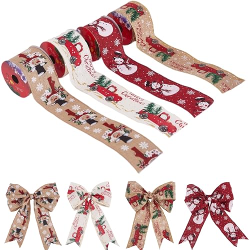 4 Stück Geschenkband Weihnachtsband, Vintage Juteband Breit Weihnachtsbänder Deko, Schleifenband Weihnachten Geschenkband zum Geschenkpackung für Weihnachten Geschenk (Satz B) von NSXIN