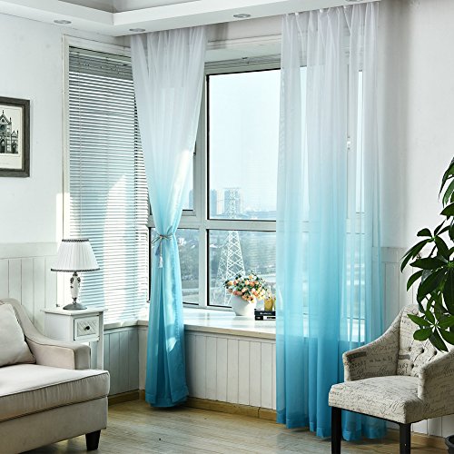 NSXIN 2er Set Farbverlauf Vorhang Sheer Voile Gardine mit Topaktuelle Farbverlauf Muster Schals Fenster Vorhänge Dekoschal mit Ösen, BxH 100 x 270 cm (Blau) von NSXIN