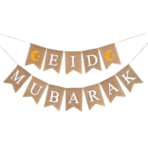 NSXIN Ramadan Muslim Banner, Jute Ramadan Kareem Banner, Eid Mubarak Dekoration Mit Glitzer Stern Mond Eid Mubarak, Partyzubehör für Muslim Islam Ramadan Dekoration (B) von NSXIN