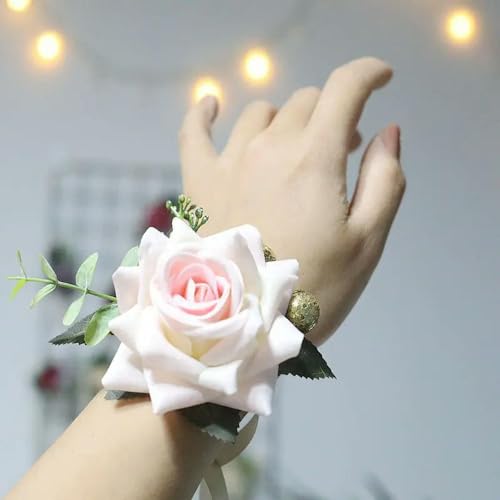 NSYERTTA Lion Dance Stoffrosen, Handgelenk-Ansteckblume für Brautjungfer, Hochzeit, Armband, Braut, Stoff, künstliche Handblume für Gäste, Party-Zubehör, Hellrosa, 3 Stück von NSYERTTA