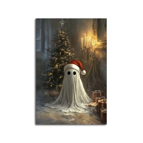 NTEUMM Halloween-Poster, Bilder, Geist mit Weihnachtsmannmütze, Wandkunst, Geisterbilder, Wanddekoration, Weihnachtsbaum, Leinwanddruck, lustige Geister, Poster, Dekoration, Geschenk, Leinwandrolle, von NTEUMM