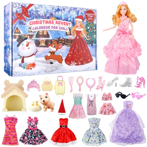 Adventskalender 2024 Kinder Mädchen Puppe Spielzeug-24 Tage Weihnachts Countdown Kalender Überraschungen Puppe Kleidung Füllung Weihnachten Dolls Geschenk mit Modische Puppe Kostüme Zubehör Haustieren von NTGFU