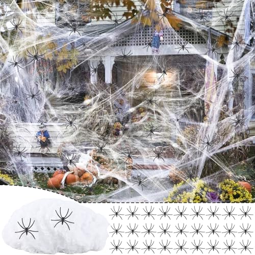 Halloween Deko Spinnennetz- 120g Spinnweben und 50 Spinne 1000m² Dehnbares Spinnennetz Gruselig Spukhaus Decoration Horror Spukhäuser Horror Party Deko Innen Außen Häuser Garten Spukhaus Party Zubehör von NTGFU