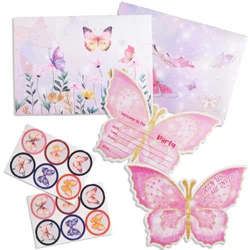 NTGFU Einladungskarten Kindergeburtstag Schmetterling- 12 Stück Party Invitation Cards für Mädchen Schmetterling Partyeinladungen mit Umschlägen Aufkleber für Babydusche Geburtstagsfeier party von NTGFU