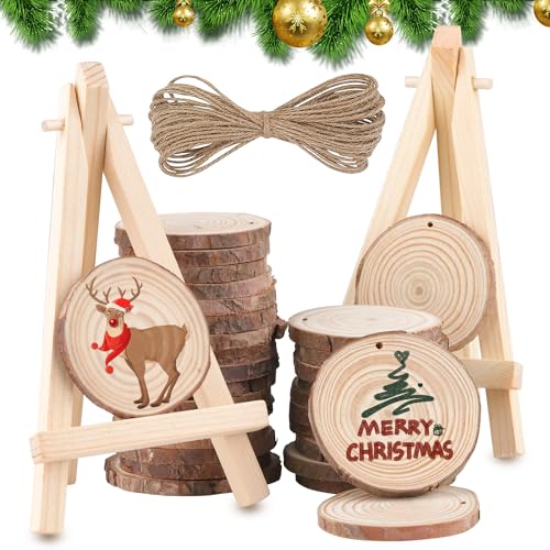 NTGRTY Holzscheiben 33 Stücke Holz Log Scheiben 5-6cm Durchmesser mit Loch,Mini Staffelei und Jute Seil,Rund Holzplatte,Holzscheiben zum Basteln,Klein Baumscheiben für DIY Weihnachten Dekoration von NTGRTY