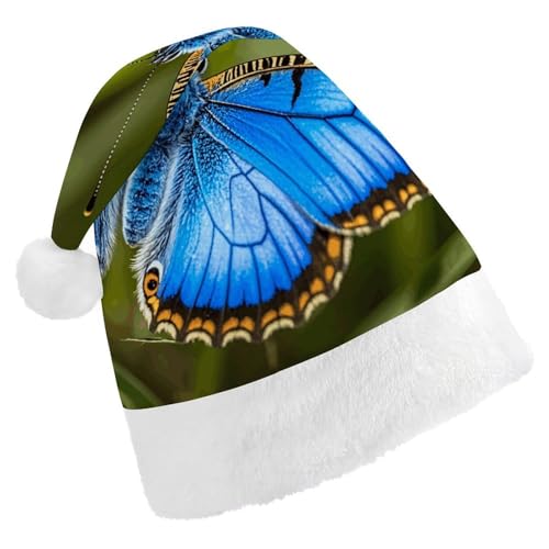 NTVOWPZO Weihnachtsmütze mit blauer Blume und Schmetterling, Weihnachtsmütze für Erwachsene, Weihnachtsmützen für Neujahr, festliche Party von NTVOWPZO